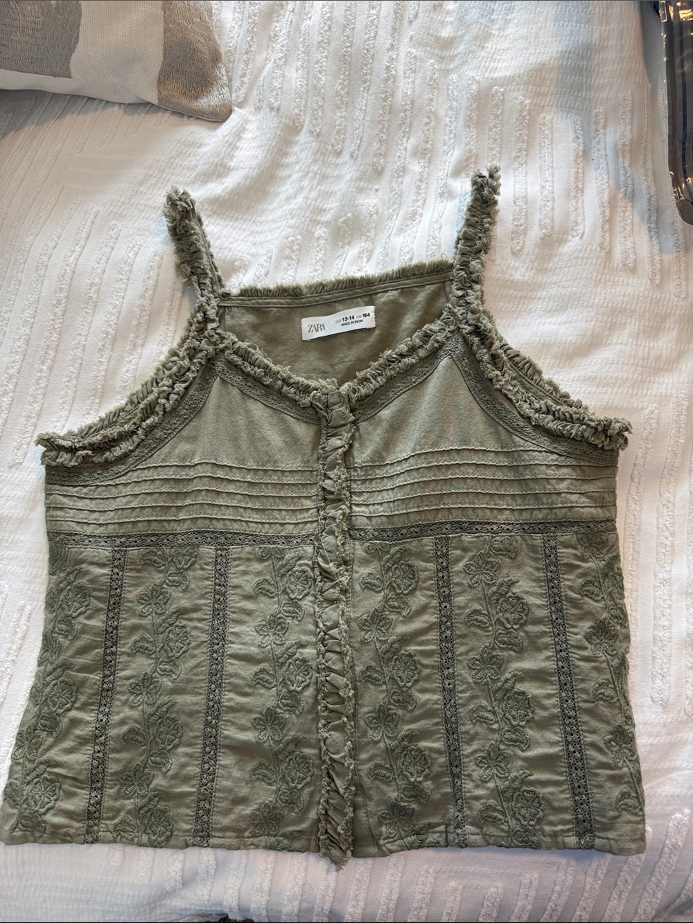 ZARA Kids Olive Green Embroidered Cotton Camisole Top